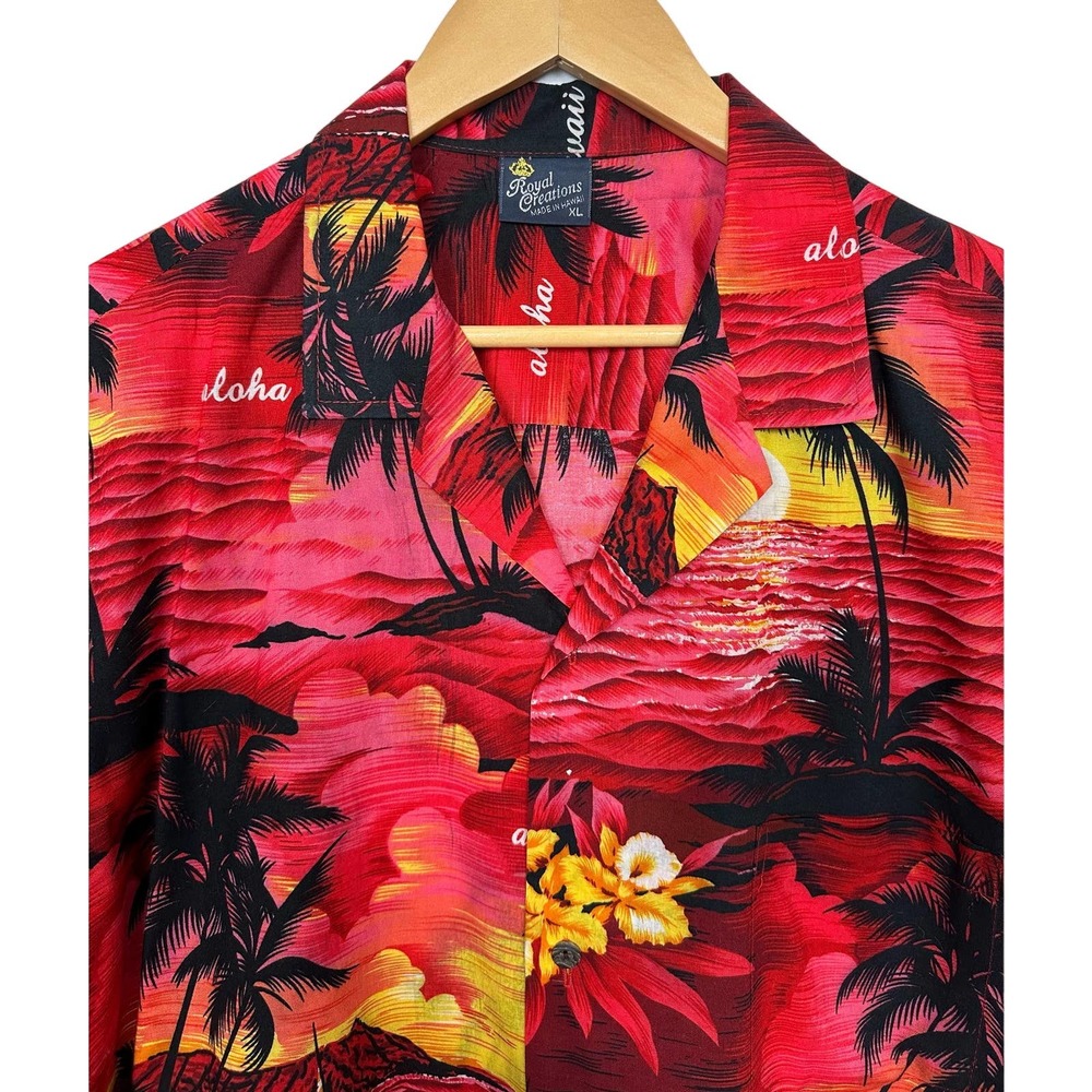 Royal Creations Mens Hawaiian Button Down Shirt Size XL Red Tropical Sun Set
